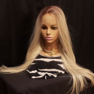 Front Lace Wig - Human Hair Blend Long Straight Blonde Hair